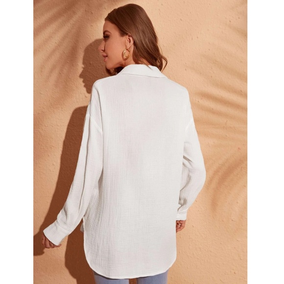 Cotton White Casual Shirt Button Down Up Long Sleeve - Picture 4 of 9